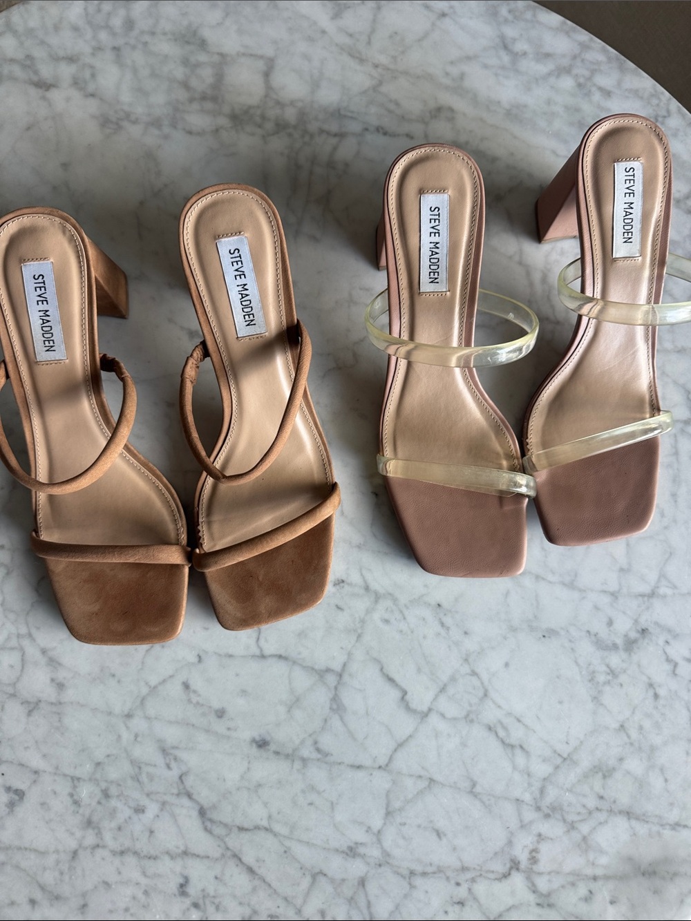 Steve Madden Nude and Tan Block Heel Sandals with Clear Straps